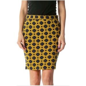 Charlie & Robin Quilted Tile Pencil Skirt Gold Navy Geo Wool Anthropologie Sz 6